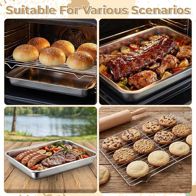 Quarter Baking Sheet Pan with Cooling Rack Set (2 Pans + 2 Racks), Stainless Steel Cookie Sheets Quarter Sheet Pan for Oven Baking, Warp Resistant & Nonstick, Size 14 x 10 x 1.8 Inch