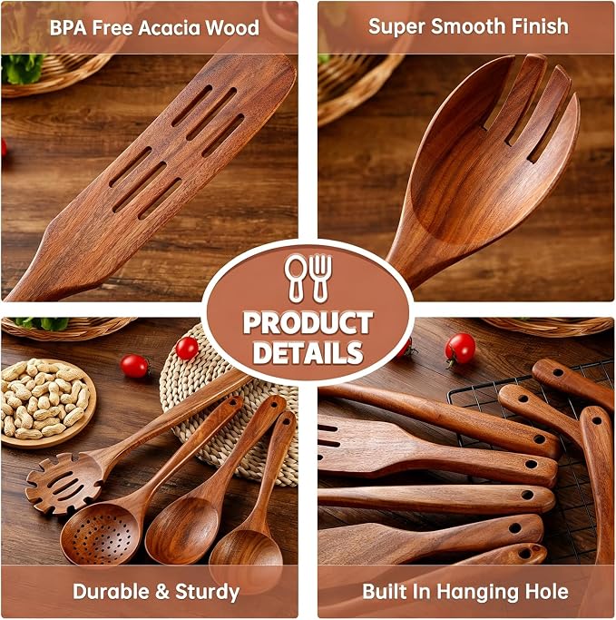 Wooden Spoons for Cooking 11Pcs Natural Acacia Wooden Kitchen Utensil Set, Spatula Spurtles Salad Fork Spoon Set, Non-Stick, Comfortable Grip, As Seen On TV Wooden Cooking Utensils