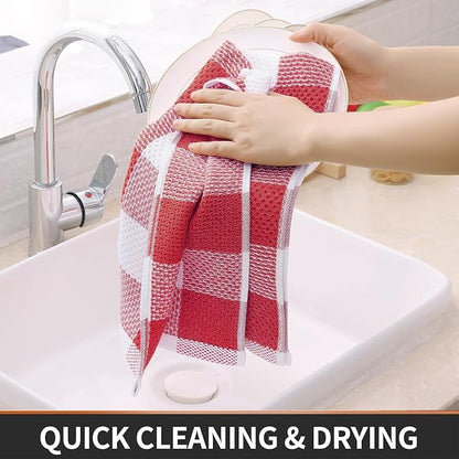 Homaxy Kitchen Towels and Dishcloths Set, 12 x 12 and 13 x 28 Inches, Set of 8 Bulk Cotton Waffle Weave Check Plaid Kitchen Towels, Super Soft and Absorbent Dish Towel, White & Red