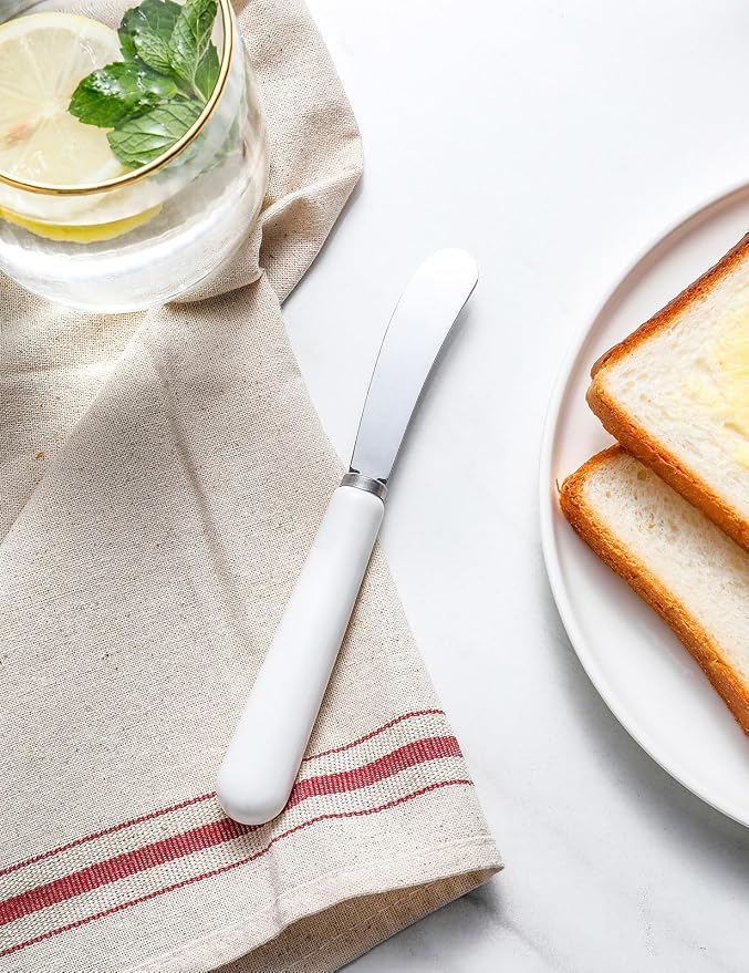 AISBUGUR Butter Spreader Knife, 4-Pack Stainless Steel With Comfortable Handle and Curved Blade for Better Scooping of Jam and Peanut Butter - 6.7" White