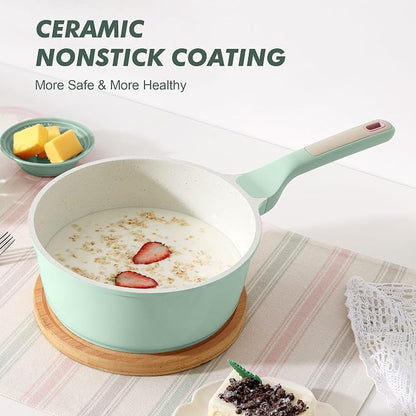 SENSARTE White Ceramic Nonstick Saucepan with Lid 2.5 Quarts, Medium Cooking Pot with Stay Cool Handle, Induction Compatible Saucepot, White Granite Coating, Free of Intentionally Added PTFE/PFOA/PFAS