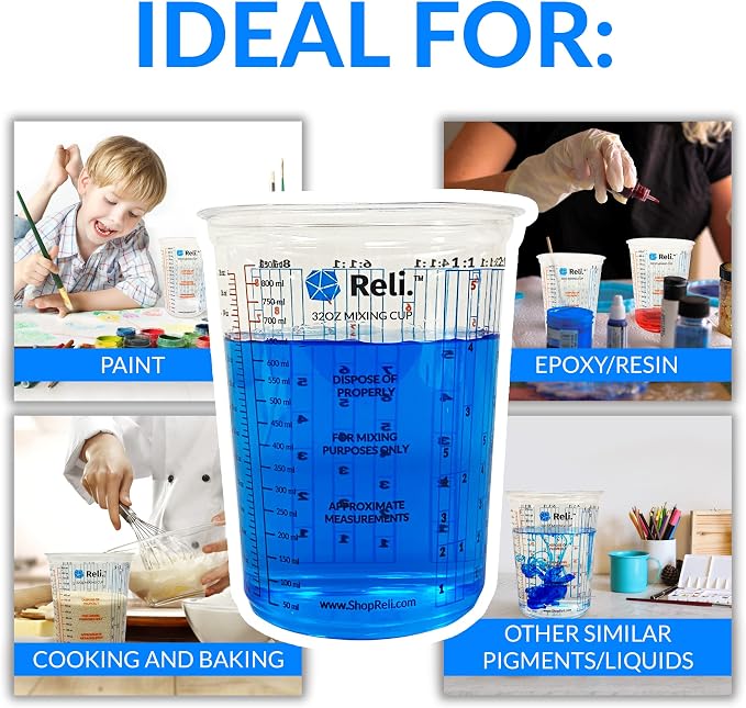 Reli. (50 Pcs) 32 oz (1 quart) Paint Mixing Cup | Disposable Measuring Cups | Clear Plastic Mixing | Use for Paint, Epoxy, Resin, Pigments (32oz)