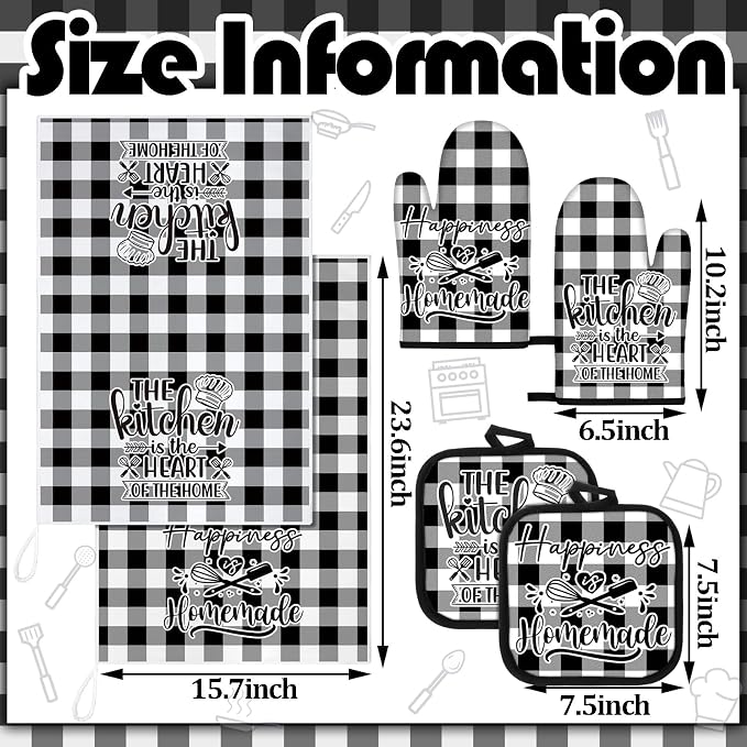Sratte 6 Pcs Kitchen Decor Accessories Set Farmhouse Towels Pot Holders Oven Mitts Set 2 Dish Towels 2 Potholders 2 Cooking Mittens Oven Glove for Christmas Baking Cooking Supply(Black White,Kitchen)