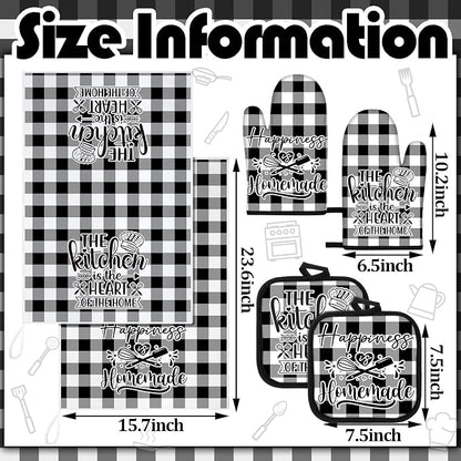 Sratte 6 Pcs Kitchen Decor Accessories Set Farmhouse Towels Pot Holders Oven Mitts Set 2 Dish Towels 2 Potholders 2 Cooking Mittens Oven Glove for Christmas Baking Cooking Supply(Black White,Kitchen)