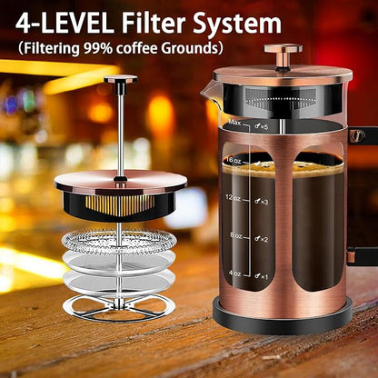 YMMIND French Press Coffee Maker (21oz 600ML 3-4Cup) Coffee Press, with 4 Filters System, Heat Resistant Thickness Borosilicate Glass, Cold Brew Coffee Tea Pot Gifts (Copper)