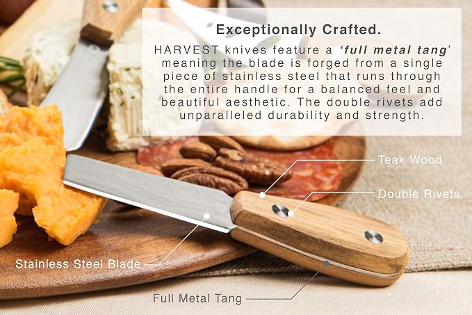 Harvest 6-Piece Cheese Knife Set (Gift-Ready) - Premium Stainless Steel Cheese Knives with Rivets, Full Tang Blades and Teak Wood Handle Charcuterie Board Accessories w/ 15 Festive Recipes