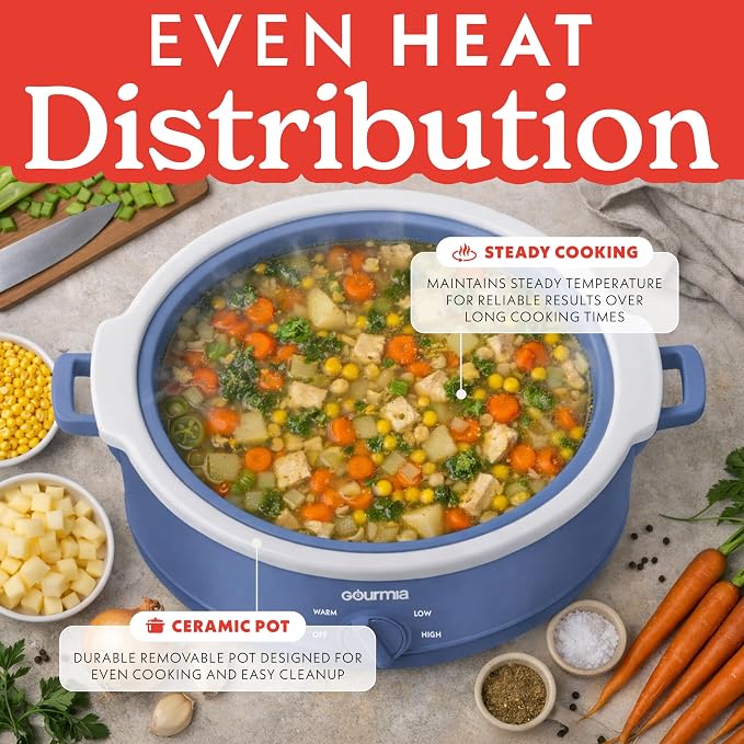 Gourmia Slow Cooker - 7 Quart Removable Ceramic Pot, Manual Controls with 3 Temperature Settings, Dishwasher Safe Crock and Glass Lid, Lavender