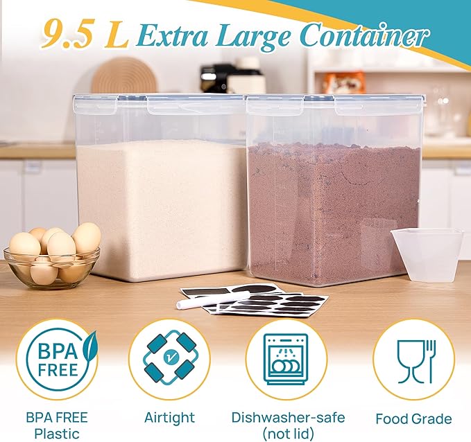 Vtopmart 9.5L 2 Pack Extra Large Flour Sugar Storage Containers, Each for 12.5 lbs flour, Airtight Kitchen Pantry Organization Canisters with Lids for Bulk food, Rice, Baking Supplies, BPA Free, Black