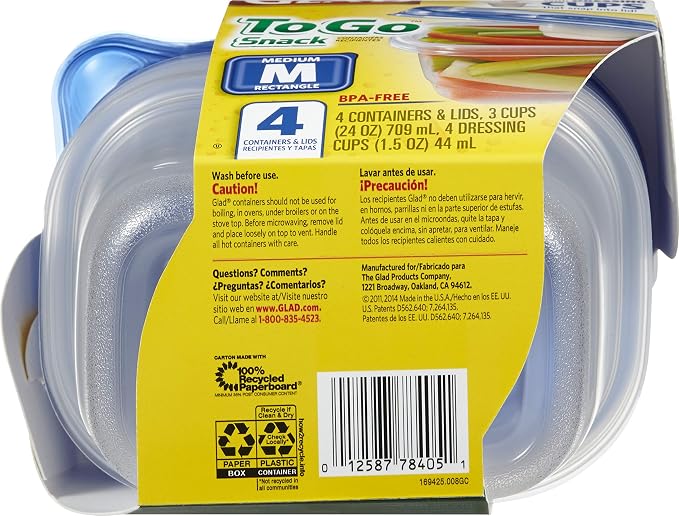 Glad GladWare To Go Snack Food Storage Containers with Lids, Medium Rectangle No BPA Plastic with Built-In Dressing Cup for Salads and Snacks, Microwave Dishwasher Safe, 24 Oz, 4 Count