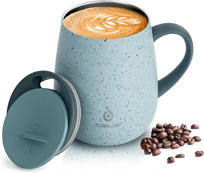 Ideus 16 oz Insulated Coffee Mug with Handle and Lid, Double Wall Stainless Steel Vacuum Thermal Coffee Mug, Travel Coffee Cup Thermal Cup for Home and Office, Eggshell Blue