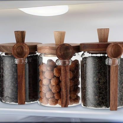 Remerry Set of 4 Glass Jar with Wooden Lid and Spoon, 20 oz Coffee Bean Tea Sugar Jar Set, Clear Airtight Spice Canisters Glass Food Storage Kitchen Containers for Coffee Bean Tea Sugar