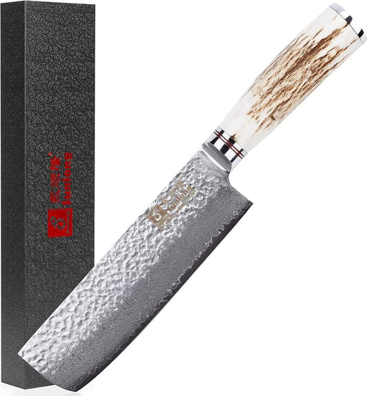 SUNLONG Usuba & Nakiri Knife 6.5 inch Fruit and Vegetable Knife Japanese Hammered Damascus Steel Super sharp - Natural Deer Horn Handle