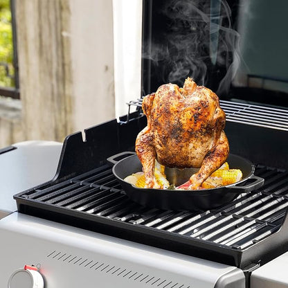 Onlyfire Universal Cast Iron Chicken Roaster, Pre-Seasoned Poultry Roaster Beer Can Turkey Holder with Roasting Pan for Most Grills and Oven