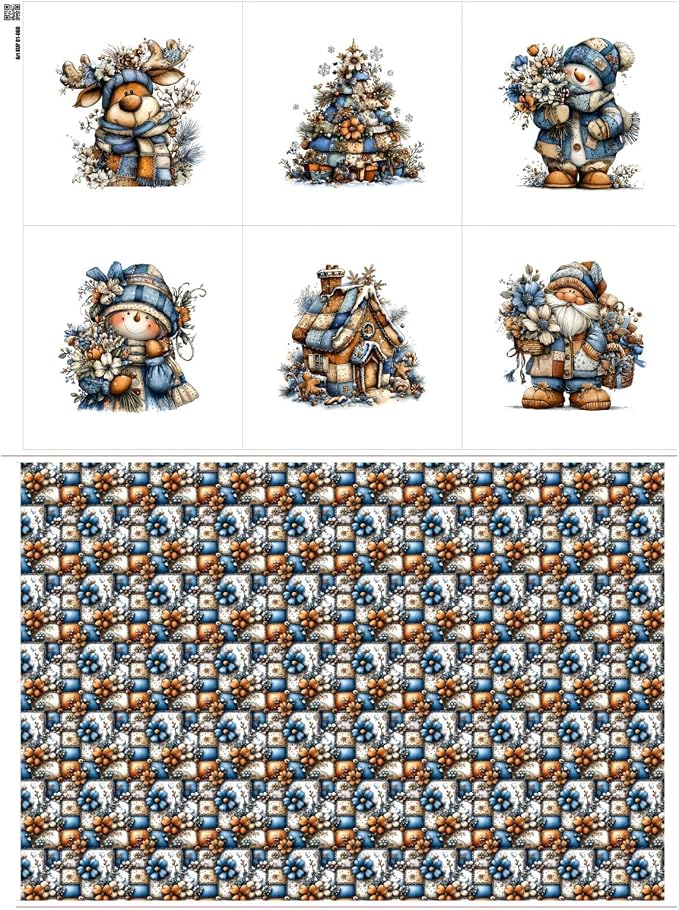 Winter Patchwork Snowman Quilting Fabric Panel – 6× (10×10 inch) Blocks + Bonus Patchwork Sheet 29.5×19.6 inch, 100% Cotton 140 GSM, Blue–Orange Floral Winter Theme