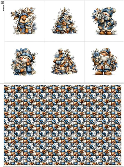Winter Patchwork Snowman Quilting Fabric Panel – 6× (10×10 inch) Blocks + Bonus Patchwork Sheet 29.5×19.6 inch, 100% Cotton 140 GSM, Blue–Orange Floral Winter Theme