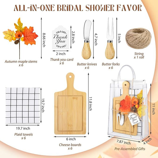 Kochorie 6 Sets Fall Baby Shower Favors 43 Pcs Wooden Square Cheese Board with Knives Forks Kitchen Towels Tags, Pre-Assembled Gifts for Fall Thanksgiving Party Supplies Winner Game Prizes