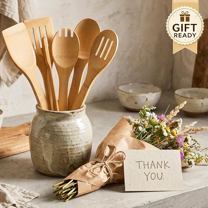 HANSGO 7-Piece Bamboo Kitchen Utensils Set, Wooden Spoons & Spatulas for Nonstick Cookware, Lightweight Heat-Resistant Cooking Tools with Comfortable Grip, Kitchen Gift Set