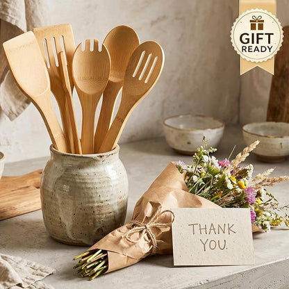 HANSGO 7-Piece Bamboo Kitchen Utensils Set, Wooden Spoons & Spatulas for Nonstick Cookware, Lightweight Heat-Resistant Cooking Tools with Comfortable Grip, Kitchen Gift Set