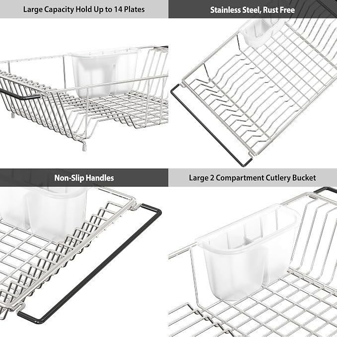 Simple Houseware Large Over Sink Counter Top Stainless Steel Dish Drainer Drying Rack with Utensil Holder, Chrome