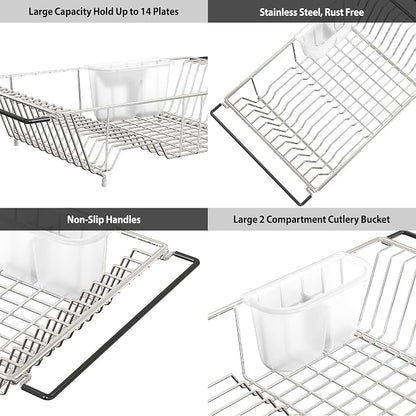 Simple Houseware Large Over Sink Counter Top Stainless Steel Dish Drainer Drying Rack with Utensil Holder, Chrome