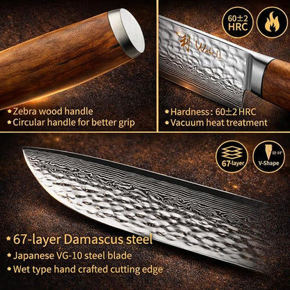 Wakoli 4-Piece Damascus Knife Block Set, VG10 Core 67-Layer Damascus Steel Kitchen Knives with Magnetic Acacia Wood Block, Ergonomic Zebrawood Handles, Hand Wash Only