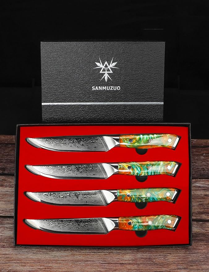 Steak Knives Set of 4, Ultra Sharp Non Serrated Kitchen Steak Knife 5 Inch - Damascus Steel & Resin Handle - Xuan Series(Fantasy Orange)