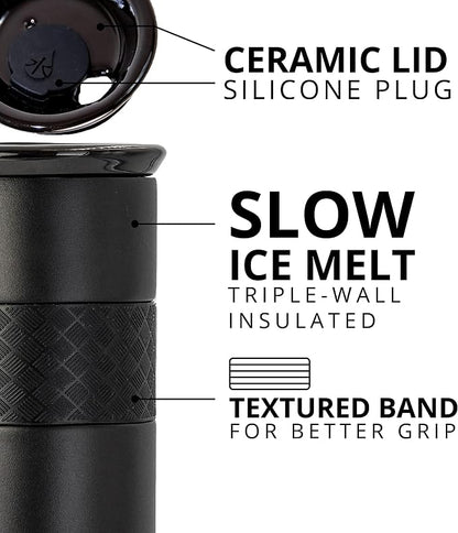 Elemental Artisan Insulated Tumbler, Triple Wall Coffee Travel Mug, Reusable Stainless Steel Coffee Tumbler with Ceramic Lid, Thermal Coffee Cups for Hot (6 Hrs) & Cold (18 Hrs), 16oz - Black