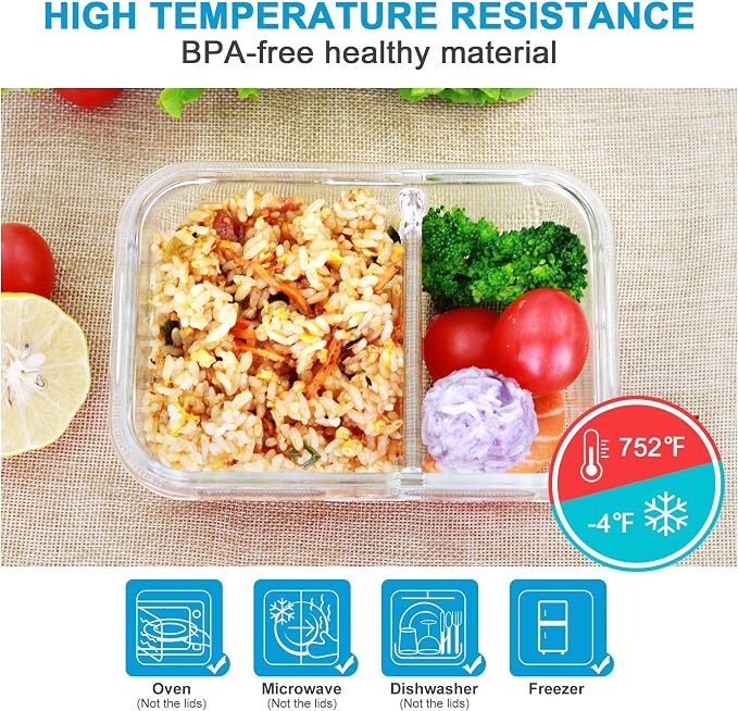 Meal Prep Containers - 2 Compartments with Glass Bowls with Lids, Food Storage Containers Dividers Airtight Lunch Containers, Bento Box for Oven Freezer, 10 Pack