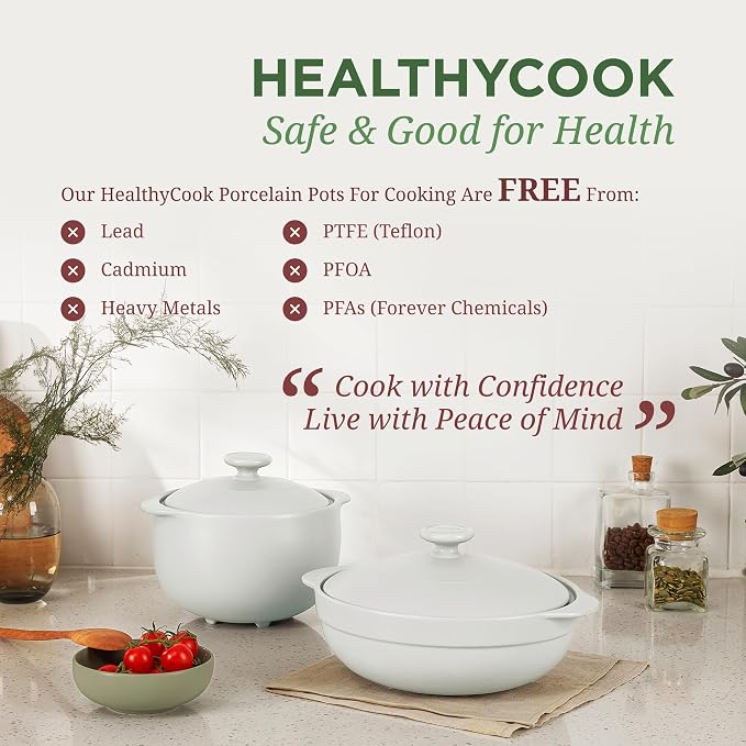 MINH LONG 1-Qt Porcelain Dutch Oven with Lid – Lead & Cadmium Free, Oven Safe to 482°F, Heat Retention, Clay Pot for Cooking on Gas & Infrared Cooktop, Use to Marinate, Cook, Bake, Refrigerate & Serve