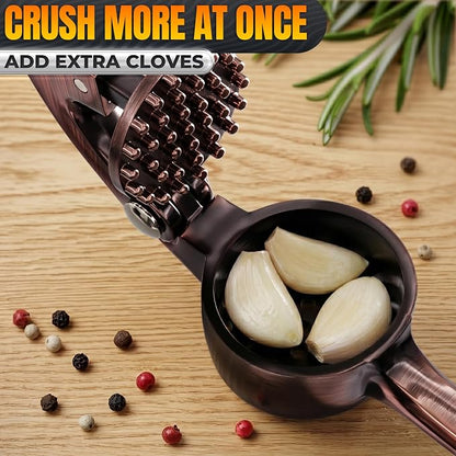 Stainless Steel Garlic Press Set with Silicone Garlic Peeler and Cleaning Brush - Ginger Mincer with 37 Built-In Studs, Rust-Resistant, Ergonomic Handle, No Peel Needed, Dishwasher Safe, Copper Color