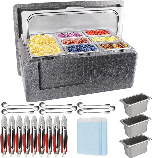 Pizza Topping Station 10 Pans Salad Bar Buffet Station Insulated Cold Food Buffet Server with Ice Packs Lids Buffet Containers Set Platter Box for Party Buffet Keeping Food Cold