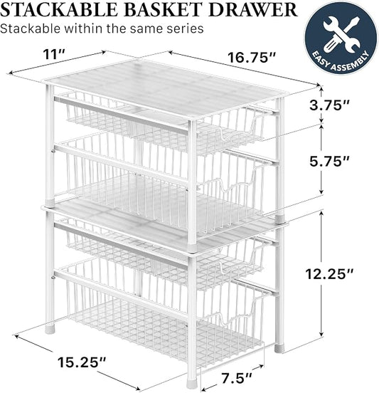 Simple Houseware Stackable Sliding Basket Organizer Drawer, White, 2-Tier
