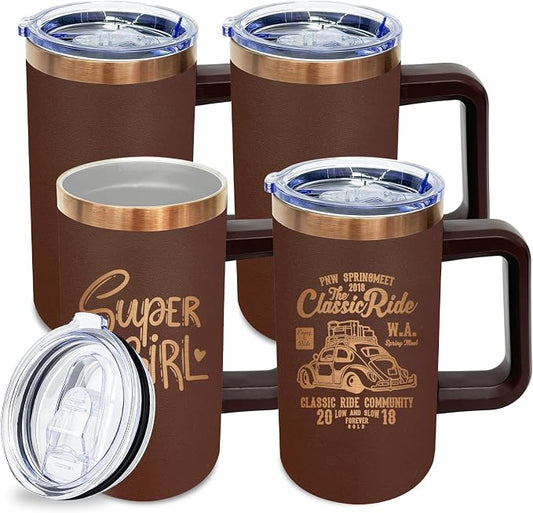 20 oz Insulated Coffee Mug with Lid, Stainless Steel Coffee Tumbler Bulk, Double Wall Vacuum Travel Mug with Handle, Leakproof Powder Coated Coffee Cups for Hot and Cold Drinks (Brown,4 pack)