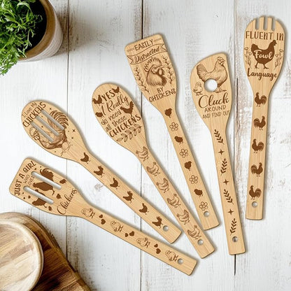 CUTHOLLOW 6PCS Humorous Rooster Words Wooden Kitchen Cooking Utensil Set, 11.9in Non Toxic Bamboo Wood Spoon Set for Cooking, Best Housewarming Birthday Thanksgiving Christmas Gift for Women Mother