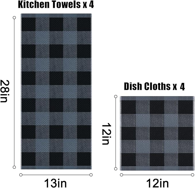 Homaxy Kitchen Towels and Dishcloths Set, 12 x 12 and 13 x 28 Inches, Set of 8 100% Cotton Waffle Weave Check Plaid Kitchen Dish Towels, Super Soft and Absorbent Dish Cloths, Black & Grey