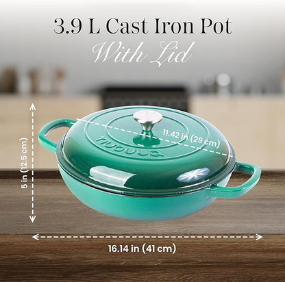 Shallow Cast Iron Casserole with Lid – Non Stick Dutch Oven Pot, Oven Safe up to 500° F – Sturdy Ovenproof Stockpot Cookware – Enamelled Cooking Pot – Dark Green, 3L, 30cm – by Nuovva