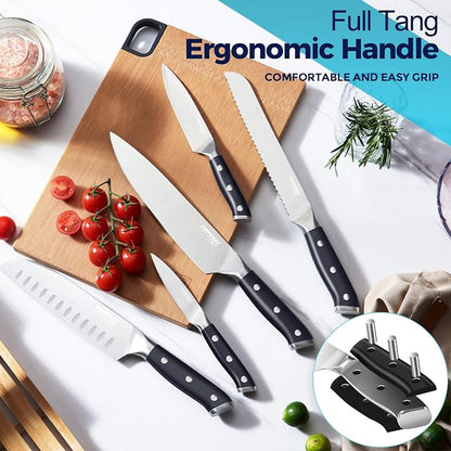 Topfeel 6Pcs Kitchen Knife Set with In-Drawer Bamboo Knife Organizer- 3.5-8 Inch Set Kitchen Knives German High Carbon Stainless Steel Sharp Knife, Knives Set for Kitchen with Ergonomic Handle