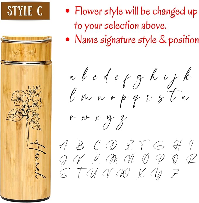 Personalized Bamboo Water Tumbler Custom Engraved Tea Tumbler with Infuser, 15oz Insulated Wooden Travel Mug, Gift for Women, Mom, Teacher (Birth Flower+Signature) (Style C)