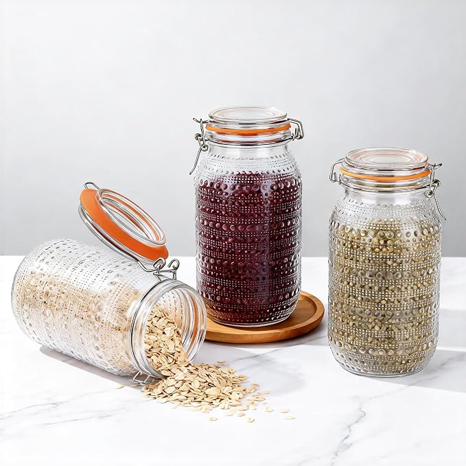 WACOI 64 Oz Glass Mason Jars with Airtight Lids3 Pack, Half Gallon Wide Mouth Canning Jars with Clip Top Lids for Kitchen Storage Pickling Salad Jams Coffee Beans