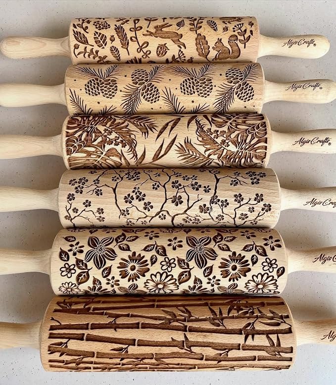 BAMBOO Embossed Rolling Pin for Ceramic. Clay Roller and Ceramic Stamp for Embossing Pottery. Baking Gifts for Women by Algis Crafts for Embossed Cookies