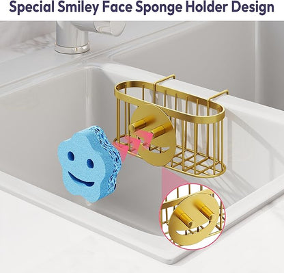 SWTYMIKI Sponge Holder for Kitchen Sink - Movable Sink Caddy with Smiley Face Sponge Holder, Rustproof Hanging Sponge Organizer in Double Bowl Sinks Depth>3.15in, Middle Divider<1.5in, Gold