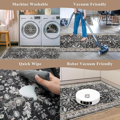 3x6 Kitchen Runner Rug Non Slip Washable - Soft Low Pile Stain-Resistant Wide Carpet Runner for Hallway Entryway Bedroom Bathroom with Rubber Backing - Boho Floral Door Mat(Black,3x6)
