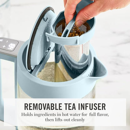 Martha Stewart Electric Kettle with Removable Stainless Steel Tea Infuser,  Glass Carafe 1.7L (7 Cups), Hot Water Boiler, 4 Presets, Keep Warm & Auto Shut-Off, Cordless 360° Swivel Base, Sky Blue