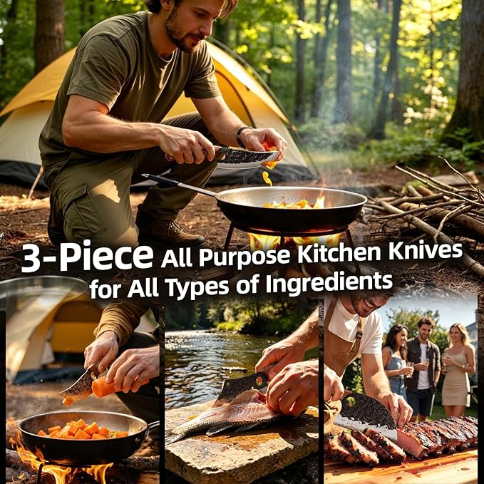 Fathers Day Gift for Men Dad, 3PCS Butcher Knife Set, Hand Forged Serbian Chef Knives & Meat Cleaver & Viking Knives, Meat Cutting Kitchen Knife Set for Home, Outdoor Cooking, Camping BBQ