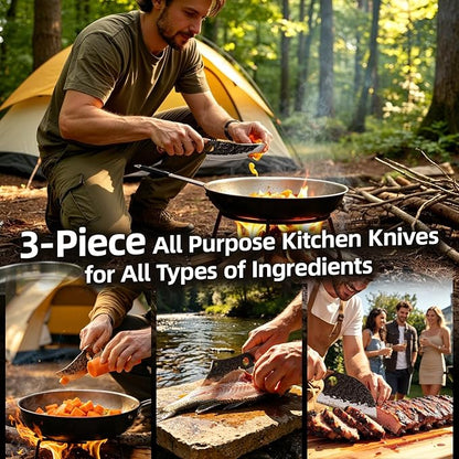 Fathers Day Gift for Men Dad, 3PCS Butcher Knife Set, Hand Forged Serbian Chef Knives & Meat Cleaver & Viking Knives, Meat Cutting Kitchen Knife Set for Home, Outdoor Cooking, Camping BBQ