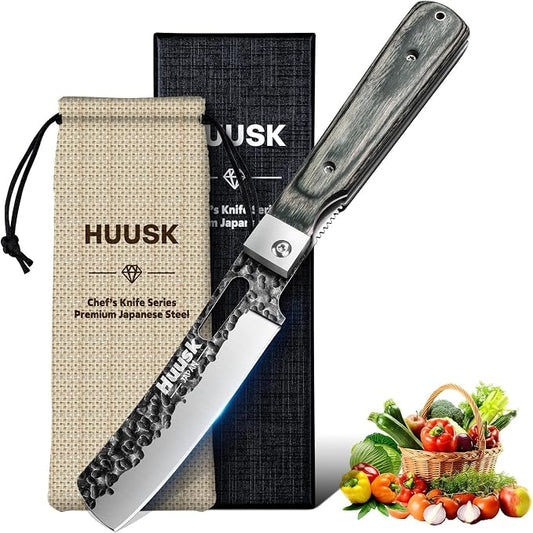 Huusk Japanese Folding Nakiri Knife - Pocket Vegetable Knife with Hand Forged Blade - Portable Kitchen Knives for BBQ, Camping and Travel - Gift for Men and Women