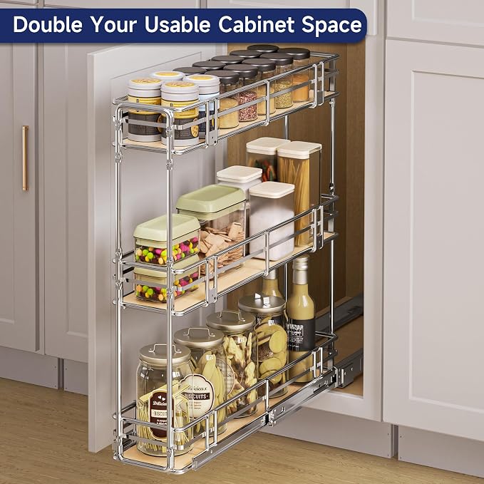 6" W x 20.5" D 3-Tier Pull Out Spice Rack Organizer, Solid Wood Base Slide Out Cabinet Shelf for Narrow Kitchen Cabinets, Chrome Pantry Storage