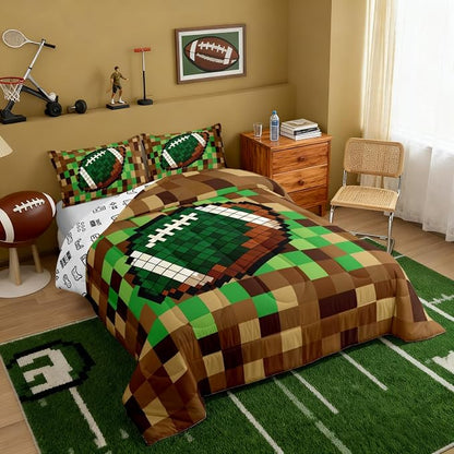 Manfei American Football Kids Comforter Toddler Size,Pixelated Geometric Grid Quilt Set for Kids Boys Girls Bedroom Decor,Gamepad Video Games Bedding Set,Brown Green Duvet Insert,1 Pillowcase