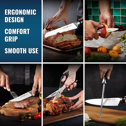 Cutluxe 15-Piece Knife Set – Premium Rubberwood Wood Block – Knife Set for Kitchen, Ultra Sharp High Carbon German Stainless Steel, Full Tang – Artisan Series