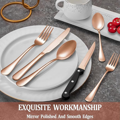 36 Pcs Rose Gold Silverware Set with Steak Knives Service for 6,Stainless Steel Flatware Set,Mirror Polished Cutlery Utensil Set, Kitchen Eating Tableware,Include Fork Knife Spoon Set,Dishwasher Safe